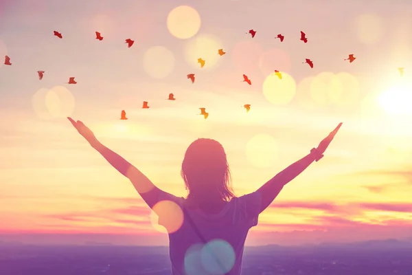 Freedom feel good and travel adventure concept. Copy space of silhouette woman rising hands on sunset sky at top of mountain and bird fly abstract background. — Stock Photo, Image