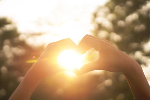 Female hands heart shape on nature bokeh sun light flare and blur leaf abstract background. — Stock Photo, Image