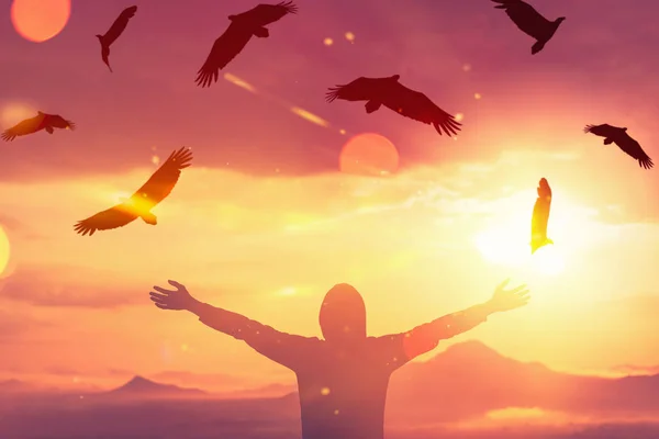 Mann hebt die Hand oben auf Berg und Sonnenuntergang Himmel mit Adlervögeln fliegen abstrakten Hintergrund. — Stockfoto