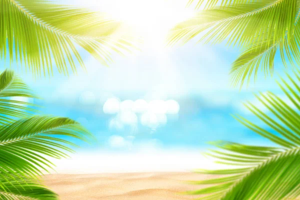 Prachtige natuur groene palmtak op tropisch strand met bokeh zon lichtgolf abstracte achtergrond vervagen. — Stockfoto