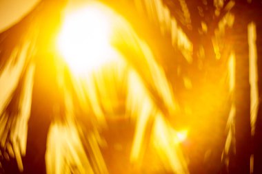 Gün batımı gökyüzünde Bokeh Sun ligth soyut doku arkaplanı olan bulanık palmiye yaprağının boşluğunu kopyala. Ekoloji ve çevre kavramı. Klasik ton filtre efekti renk biçimi.