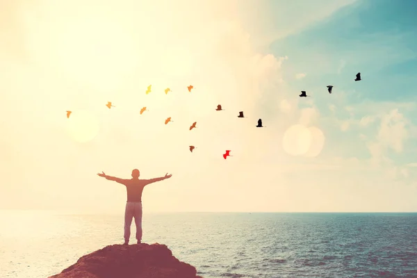 Copy Space Man Raise Hand Sunset Sky Beach Island Double — Stock Photo, Image