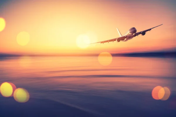 Airplane Flying Blur Tropical Beach Sunset Sky Abstract Background Copy — Stock Photo, Image