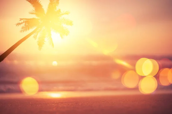 Verschwimmen Schöne Natur Grüne Palmblätter Auf Tropischen Sonnenuntergang Strand Mit — Stockfoto