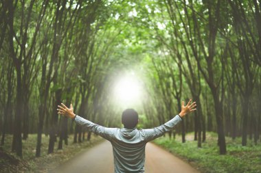 İnsan, güneş ışığı ışığının soyut arka planıyla ormanda el kaldırır. Özgürlük iyi hissettiriyor ve tatil macerası konsepti. Klasik ton filtre efekti renk biçimi.