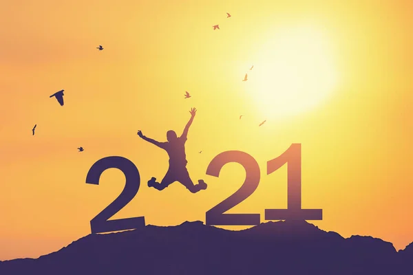 Silhouette Man Jumping Birds Flying Sunset Sky Top Mountain Number — Stock Photo, Image