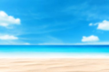 Mavi gökyüzünde Bokeh güneş ışığı dalgası ve soyut beyaz bulut arkaplanı ile uzay bulanık tropikal plajını kopyala. Yaz tatili ve tatil macerası konsepti. Klasik ton filtre efekti rengi.