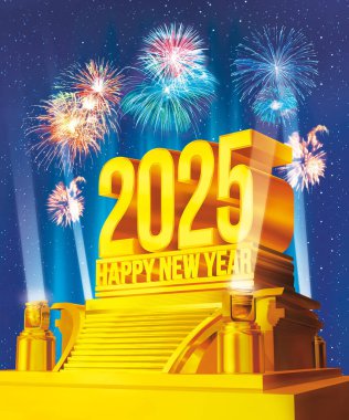 Yıldızlı gece ve havai fişek kutlamalarına karşı bir platformda Altın Mutlu Yıllar 2025