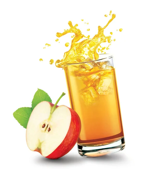 Glas Spritzender Apfelsaft Mit Apfelfrüchten Auf Weißem Hintergrund — Stockfoto