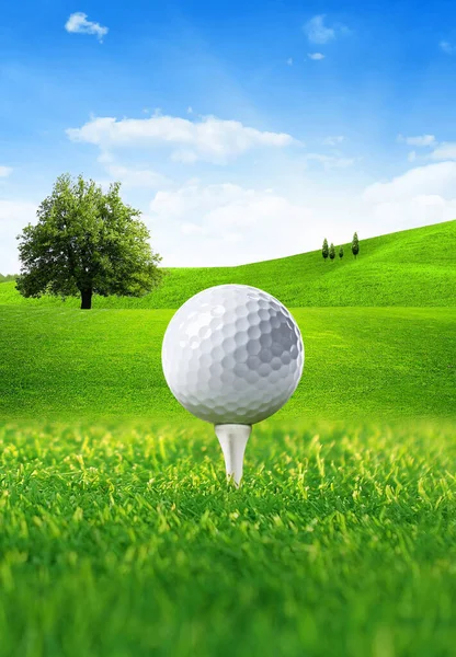 Közelkép Golf Labda Tee Zöld Golfpályán — Stock Fotó