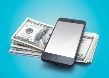 Mavi arka planda akıllı telefonu olan dolar.