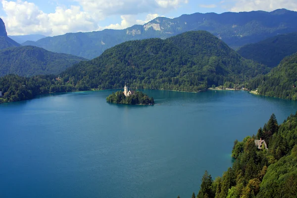 Lac Bled Slovénie Avec Une Petite Île Église Milieu — Photo