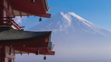 Fuji volcano mount back of red pagoda clipart