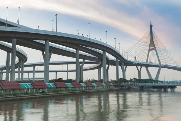 Suspension Bridge connect to highway interchanged — Stock Photo, Image