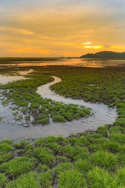 Kleine water weg meer dan beetje gebarsten land met avondrood — Stockfoto