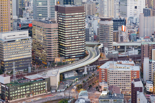 Osaka city office building downtown aerial view, close up, Japan