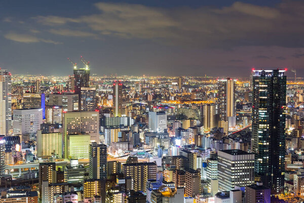 Aerial view Osaka city central business downtown night view, Japan