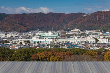 Himeji şehir şehir manzaralı Himeji Kalesi: sonbahar mevsiminde dağ arka plan ile