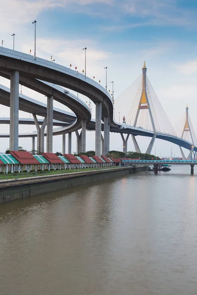Rama9 Twin suspension bridge connect to highway intersection — Stock Photo, Image