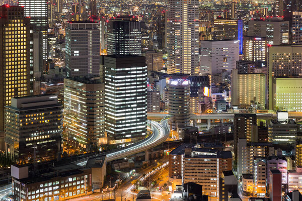 Aerial view Osaka city downtown night view, Japan