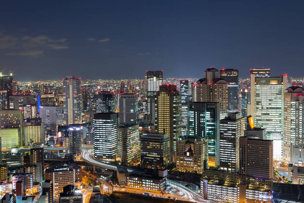 Twilight, Osaka city downtown central business background, Japan