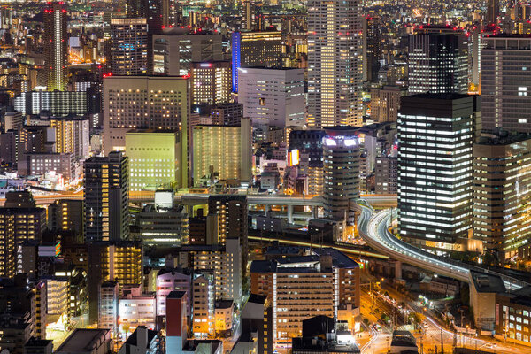 Osaka central business downtown light night view, Japan