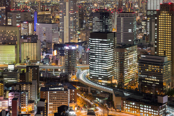 Osaka city office building close up, night view
