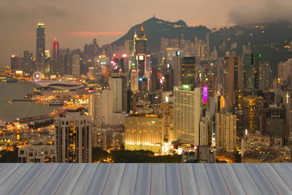 Suddig bokeh Hong Kong city lights Flygfoto, abstrakt bakgrund — Stockfoto