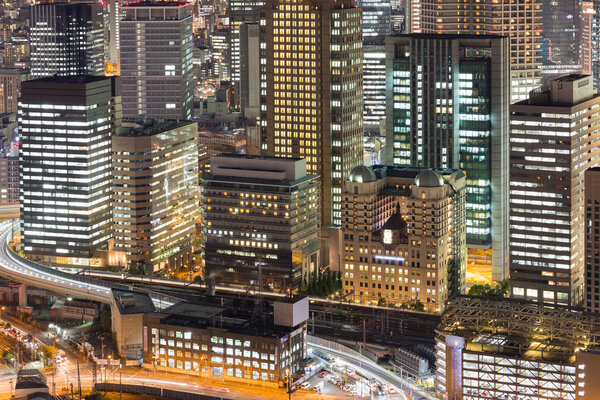 Office building city downtown night view, Osaka Japan