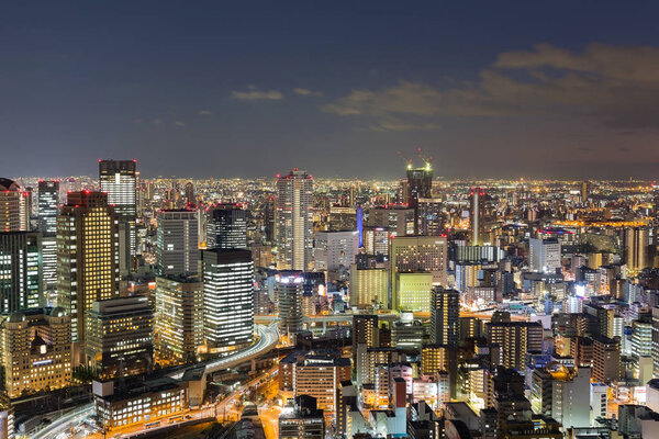 Osaka city central business downtown aerial view skyline at twilight, Japan