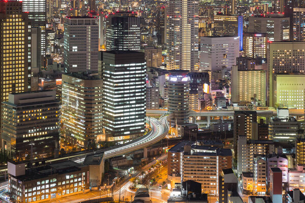 City office building, cityscape downtown night view, Osaka Japan