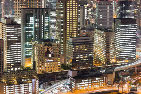 City central business building lights night view, Osaka Japan