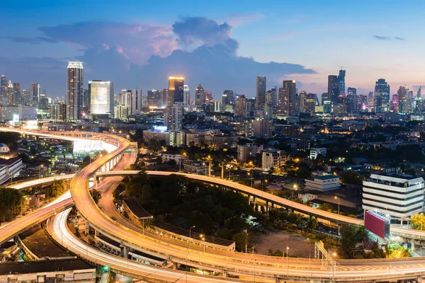 Twilight city office downtown and highway intersection — Stock Photo, Image