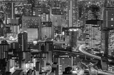 Şehir ofis binası gece ışık, Osaka Japonya