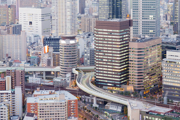 Aerial view Osaka Japan central business downtown, cityscape background