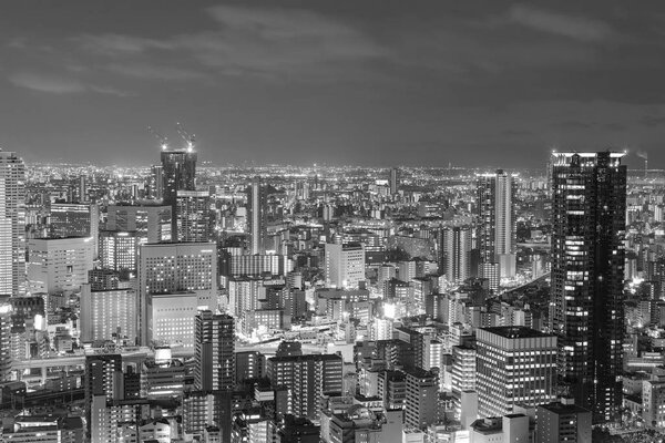 Black and White, top view Osaka city central business downtown, Japan