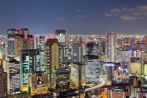 Osaka city night lights, Japan cityscape background