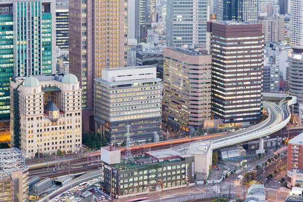 Aerial view, Osaka city office building and road, Japan, cityscape downtown background