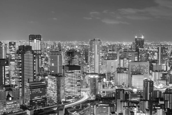 Black and White, city central business downtown night view, Osaka Japan