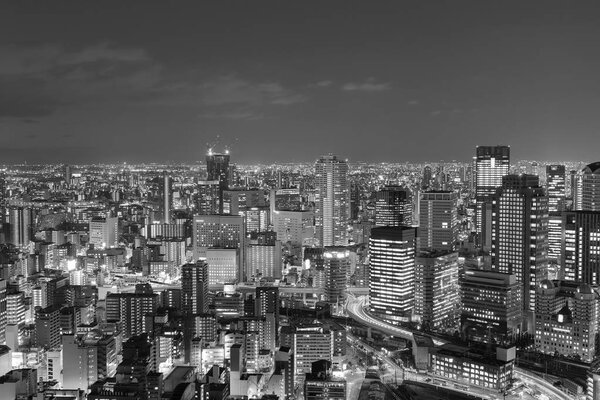 Black and White, Osaka city central business downtown aerial view skyline at twilight, Japan