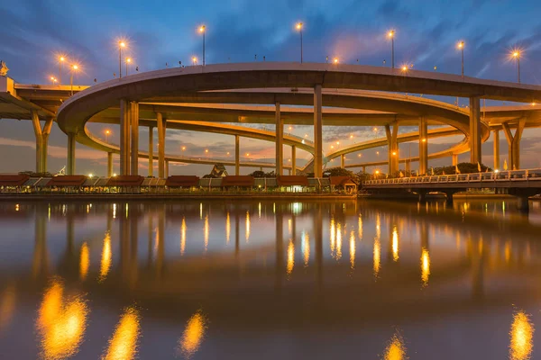 Twilight sky over Highway interchange river front — Stock Photo, Image