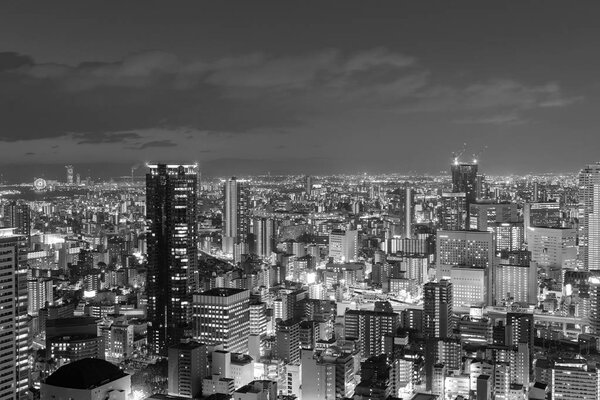 Black and White, night lights Osaka city downtown, Japan