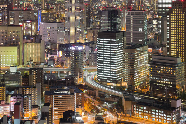 Night lights Office building central business downtown, Osaka Japan