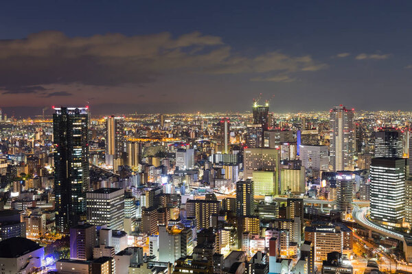 Osaka city night lights, cityscape downtown night view, Japan