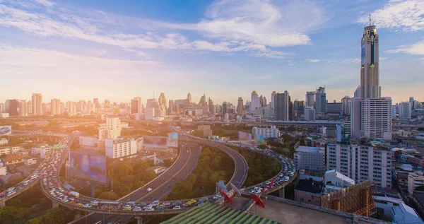 Aerial view city downtown business background with highway intersection — Stock Photo, Image