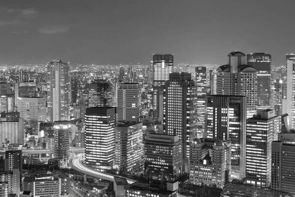 Black and White, Osaka city downtown from Umeda sky building, night view, Japan