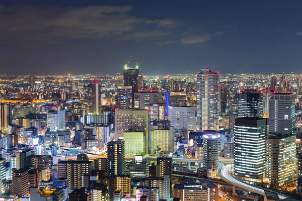 Twilight, Osaka city downtown night lights, cityscape background, Japan