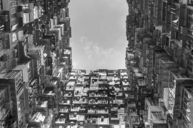 Hong Kong daire residence şehir merkezinde alt görünümü, cityscape arka plan