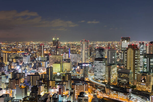 Night view Osaka city central business downtown, Japan