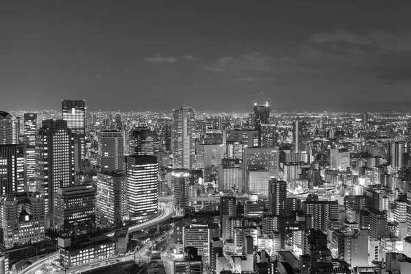 Black and White, night view Osaka city central business downtown, Japan